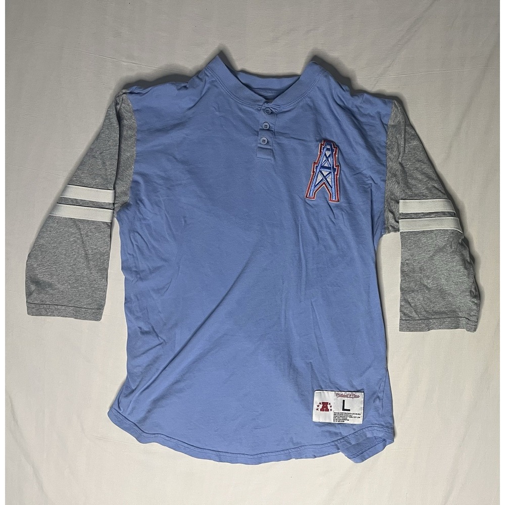 Mitchess Ness Houston Oilers Henley Shirt Men's Size Large Blue Gray 3/4 Sleeve